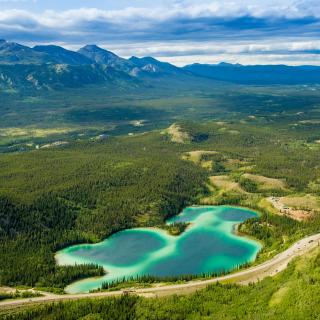 A aerial shot of Emerald Lake, Yukon