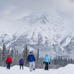 Four people snowshoeing in the winter 